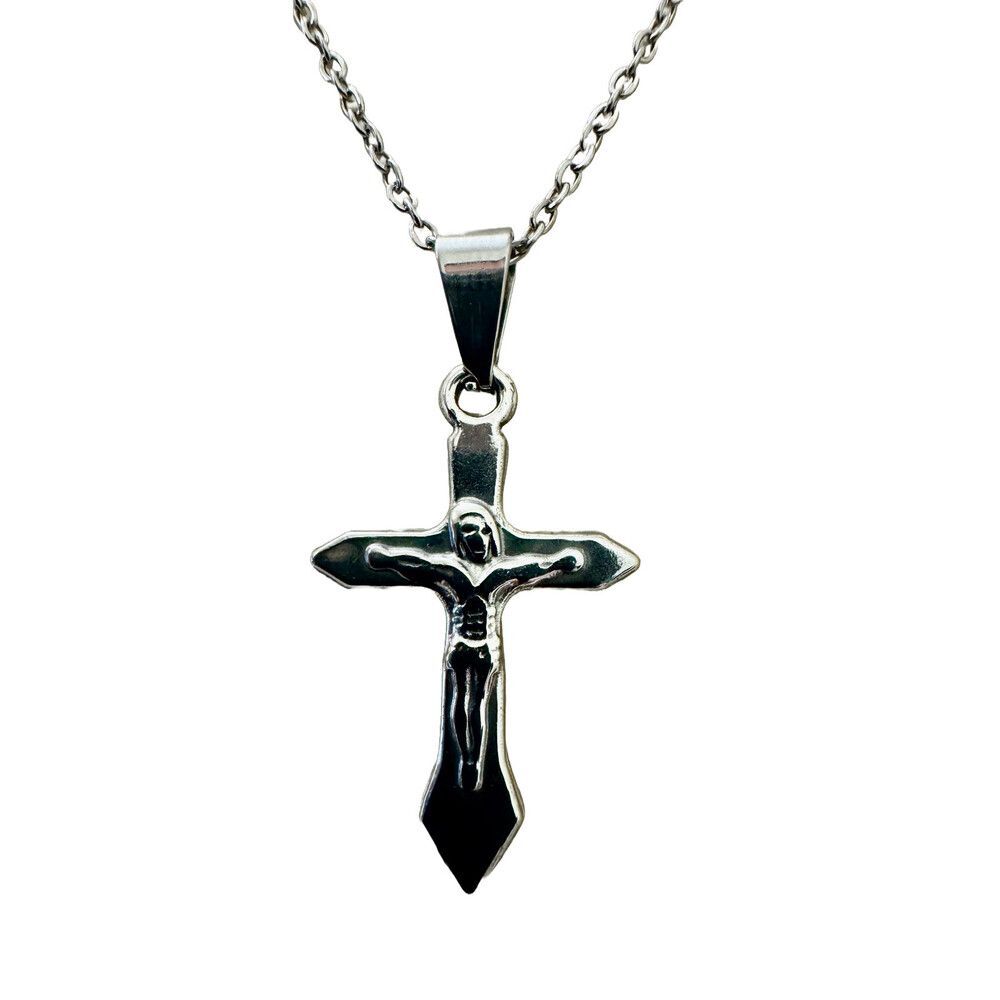 Stainless Steel Crucifix Religious Pendant 18" Necklace Silver-Tone Cross Jesus
